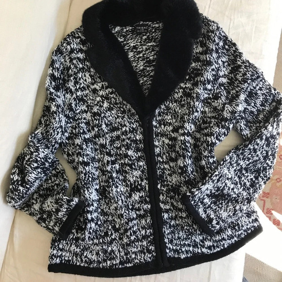 Tribal Zip Front Wool Blend Sweater with Detachable Faux Fur Collar - Picture 1 of 8